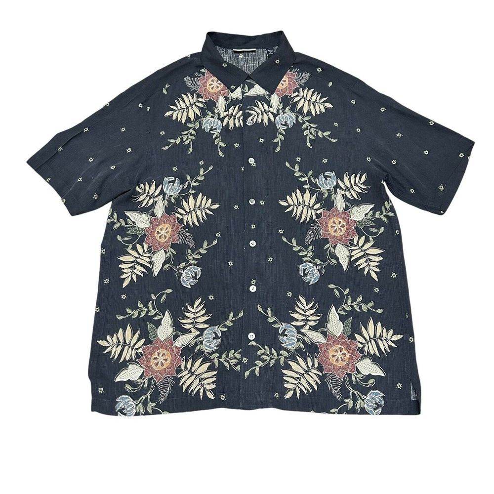 Brandini Size Large‎ Men's 100% Silk Black Floral Paisley Hawaiian Shirt
